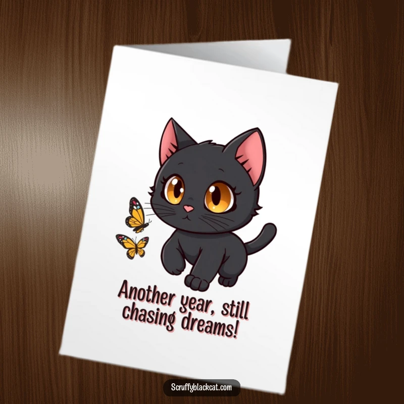 Funny Free Printable Birthday Card: Wide-eyed black cat in mid-air, comically chasing a butterfly. Perfect downloadable humor.