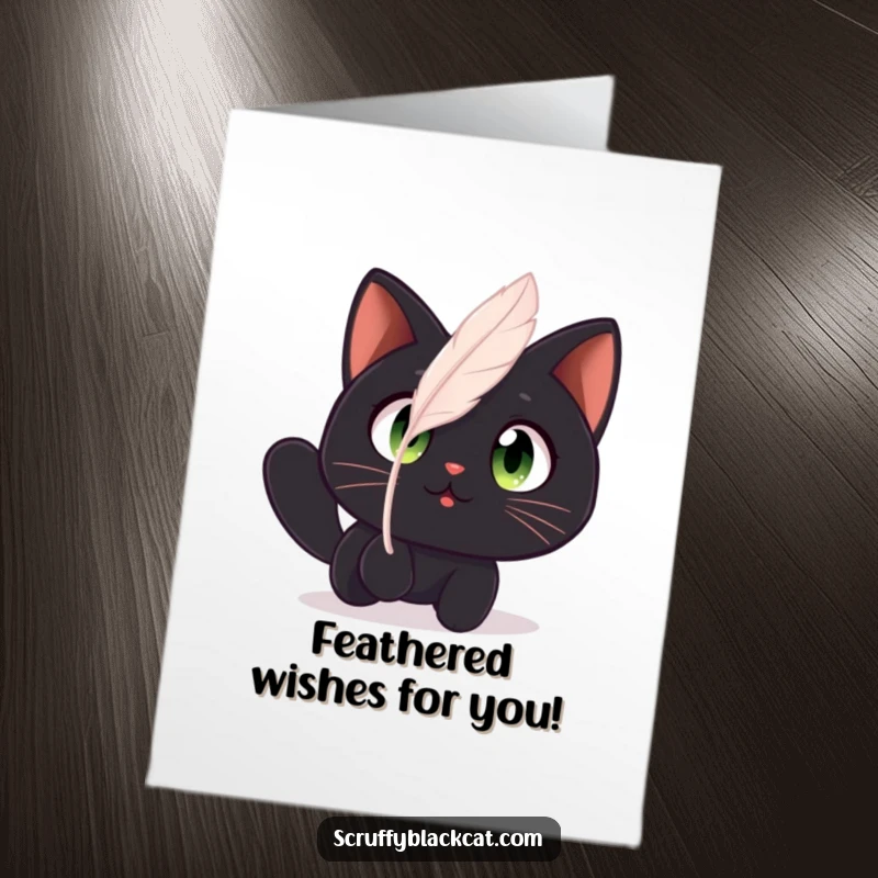 Funny Free Printable Birthday Card: Black Cat with Wide Amazed Eyes Watching a Floating Feather