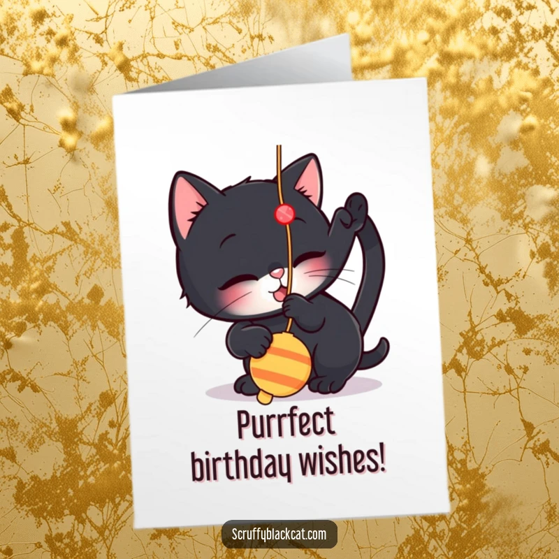 Funny free printable birthday card featuring a small black cat playfully swatting at a dangling string toy with excitement.