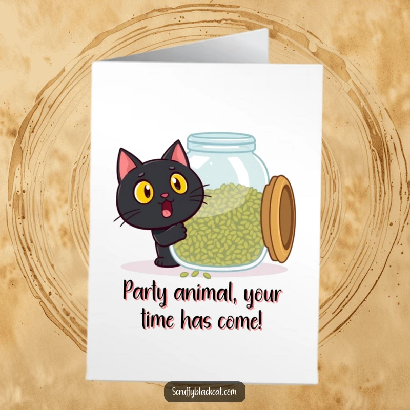 Funny Free Printable Birthday Card: Black cat with wide eyes and shocked expression opening a giant jar of catnip for birthday fun.