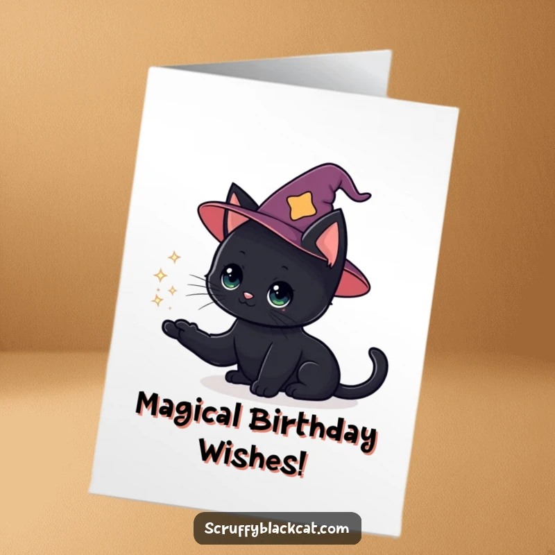 Funny Free Printable Birthday Card: Black Cat in Wizard Hat Conjuring Sparkly Puff