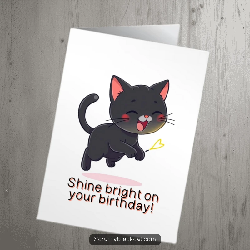 Funny Free Printable Birthday Card: Playful black cat joyfully chases a tiny flickering firefly, a whimsical and energetic birthday scene.