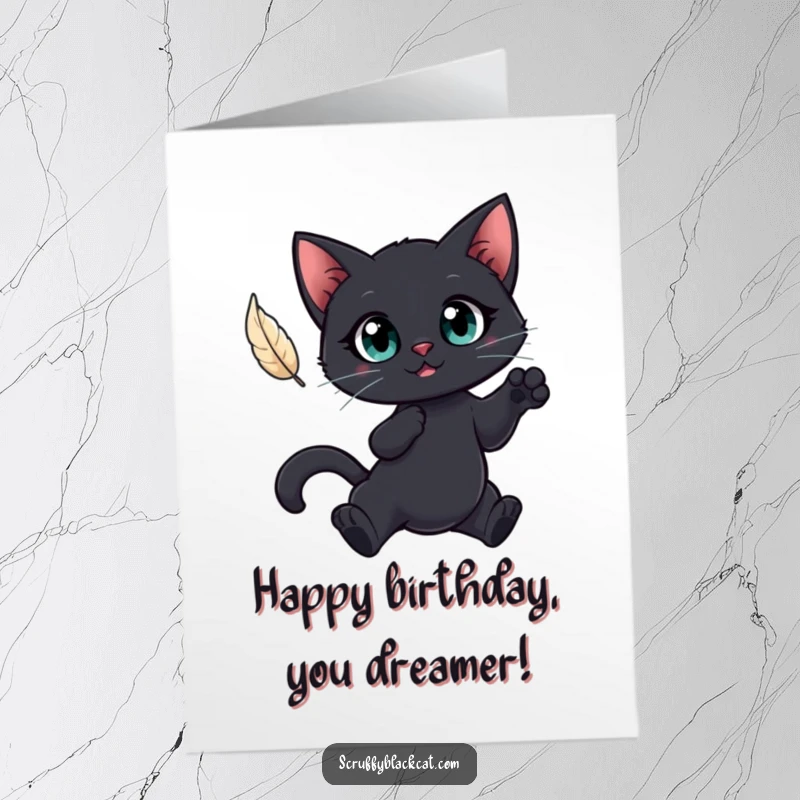Funny Free Printable Birthday Card: Big-eyed black cat leaping energetically for a floating feather.