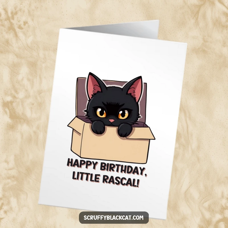 Funny Free Printable Birthday Card showing a mischievous black cat peeking from a shadowy box, eyes gleaming.