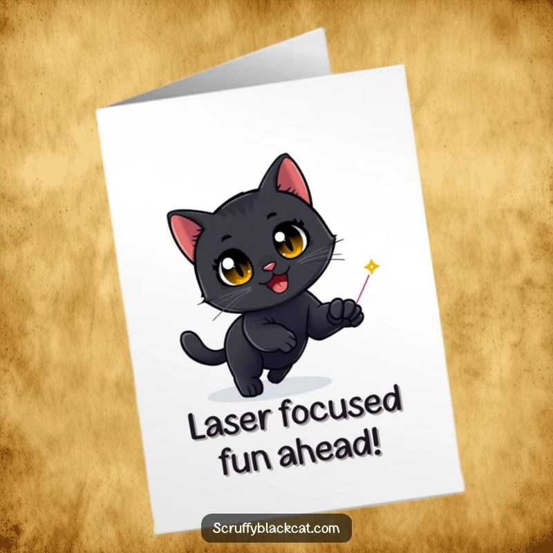 Funny Free Printable Happy Birthday Card: Black cat with delighted eyes chasing a red laser dot, pure joy.