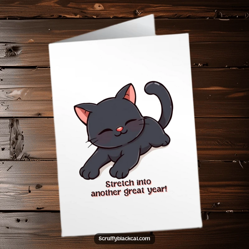 Free Printable Birthday Card: A happy black cat stretches languidly with a tiny, contented smile, perfect for birthdays.