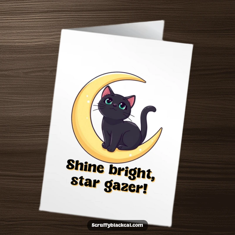 Free Printable Birthday Card: A bold black cat sits regally on a crescent moon, gazing at the stars above.