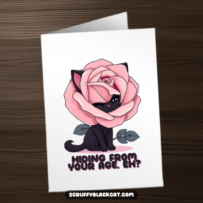 Funny Free Printable Birthday Card: Shy black cat peeking from behind a giant gothic rose, perfect for cat moms.