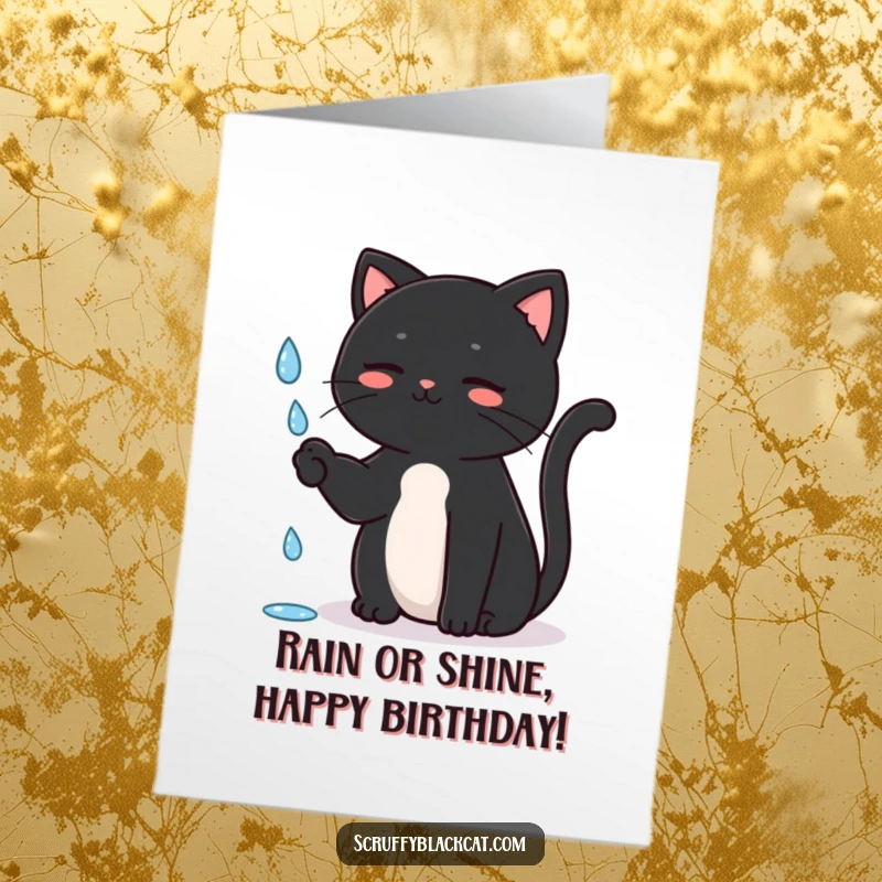Funny Free Printable Birthday Card: Black cat sitting upright, batting playfully at a single falling raindrop, capturing a moment of curiosity.