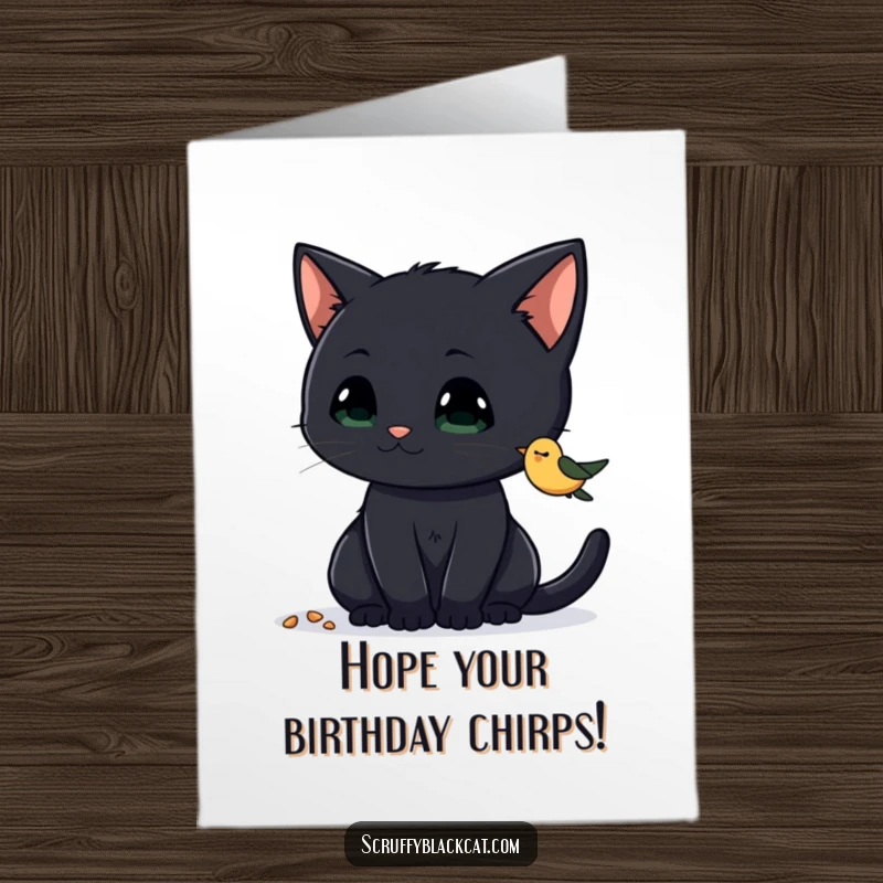 Funny Free Printable Birthday Card: Black cat with perked ears, curiously eyeing a pile of chirping birdseed, a hunter's focus.