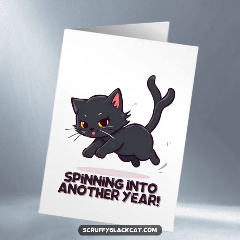 Funny Free Printable Birthday Card: Black cat chasing its tail at dizzying speed, a hilarious depiction of playful chaos.