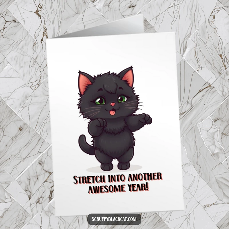 Funny Free Printable Birthday Card: Fluffy black kitten in a comically long, exaggerated stretching pose. Cute downloadable humor.