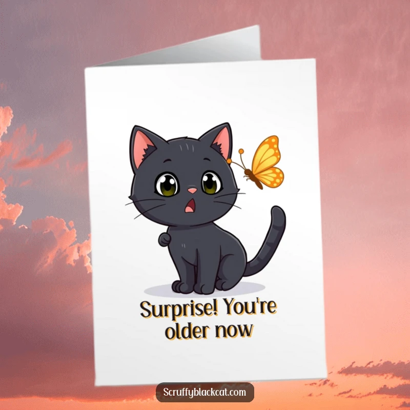 Funny Free Printable Birthday Card: Black cat with wide surprised eyes, chasing a fluttering butterfly in a garden.