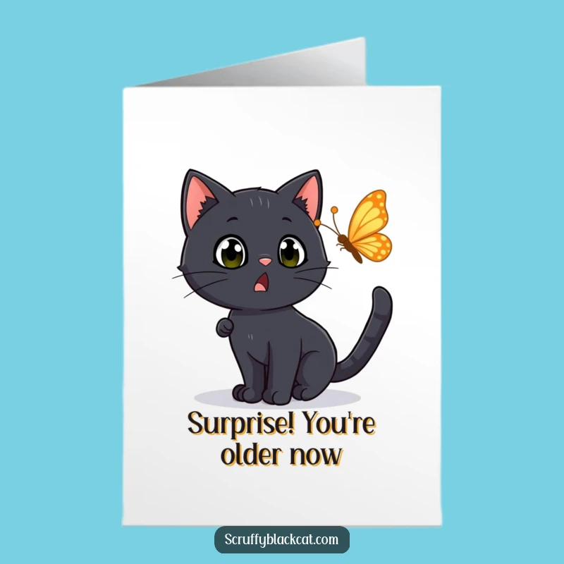 Funny Free Printable Birthday Card: Surprised Cat & Butterfly - Joyful Downloadable Gift!