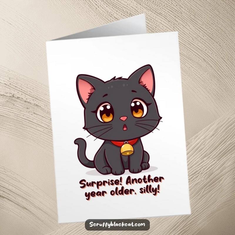 Funny Free Printable Birthday Card: Black cat with a tiny bell collar, eyes wide with comical surprise. Cute downloadable humor.