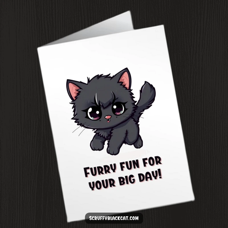 Funny Free Printable birthday card: Scruffy black kitten with wide eyes, hilariously chasing its own fluffy tail in a playful blur.