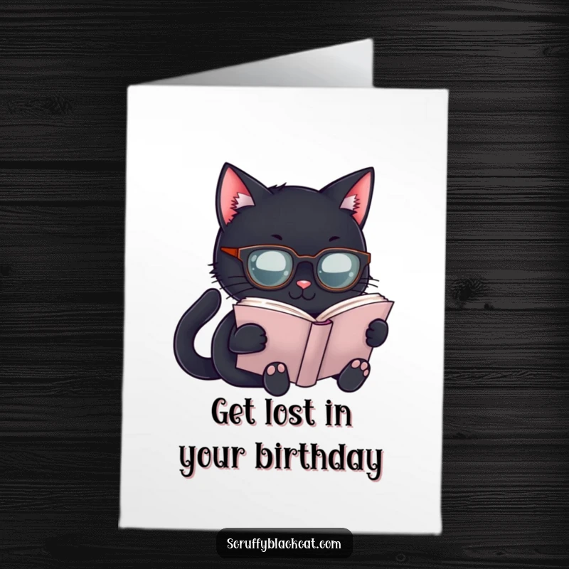 Funny Free Printable Birthday Card: Black cat wearing tiny spectacles, deeply engrossed in reading a thick book.