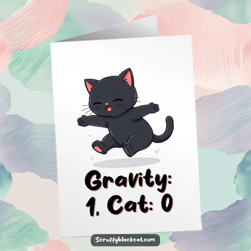 Funny Free Printable Birthday Card: Black cat mid-air trying to jump, looking surprised at its soft thud landing.