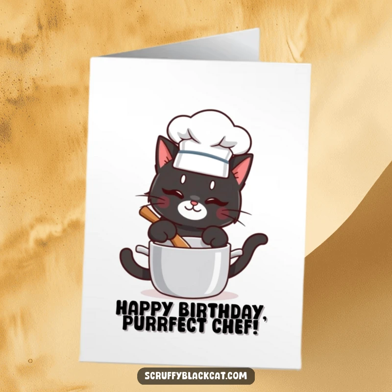 Funny Free Printable Birthday Card: Mischievous cat in a chef hat stirs a pot, ready to cook up birthday fun.