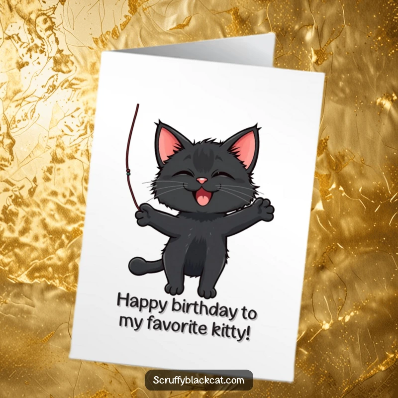Funny Free Printable Birthday Card featuring a scruffy black cat gleefully batting at a dangling string.
