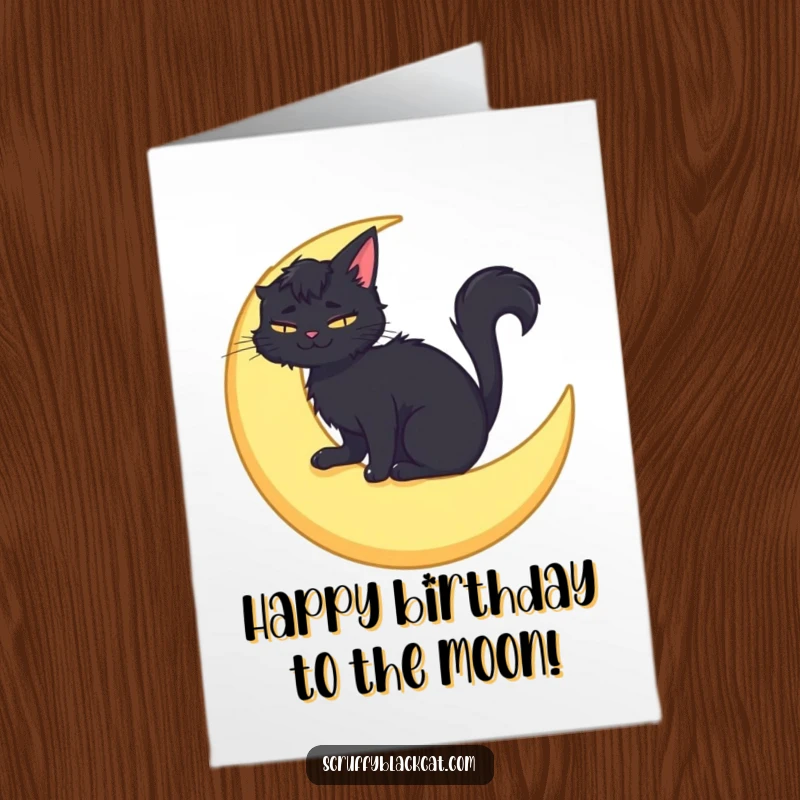 Funny Free Printable Birthday Card: A scruffy black cat sits contentedly on a crescent moon, smiling under the night sky.