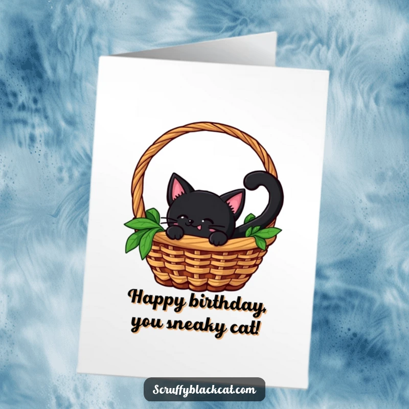 Funny Free Printable Birthday Card: A black cat with a happily wagging tail peeks out from a woven basket, ready to celebrate.