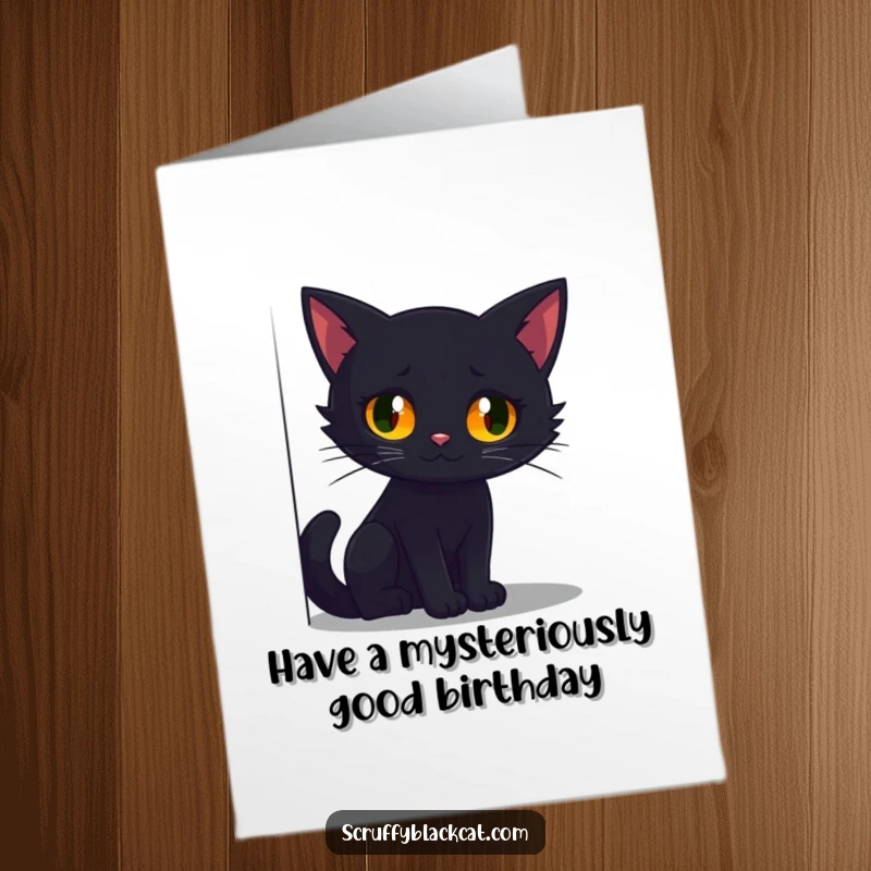 Funny Free Printable Birthday Card: Black cat with intense glowing eyes peeking mysteriously from a dark shadowy corner.