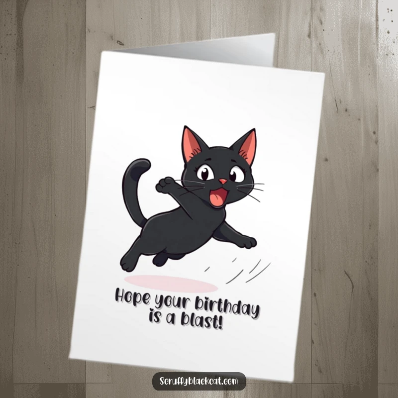 Funny Free Printable Birthday Card of a startled black cat comically leaping due to an unseen rustle.