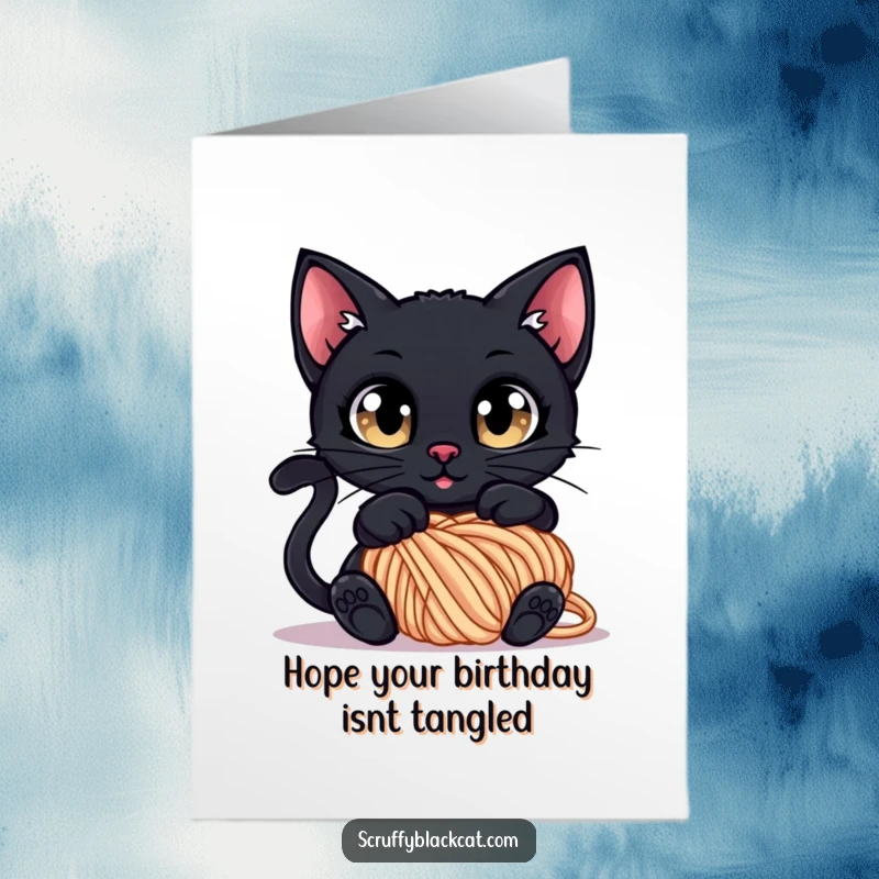 Funny Free Printable Birthday Card: Black cat with wide curious eyes, comically tangled in a huge ball of colorful yarn.