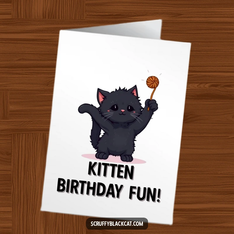 Funny Free Printable Birthday Card: Scruffy Black Kitten Batting Playfully at a Dangling Yarn Ball