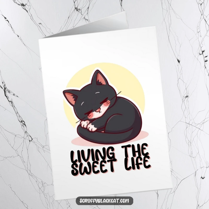 Cozy Free Printable Birthday Card: Black cat curled up peacefully, purring happily in a bright sunbeam.