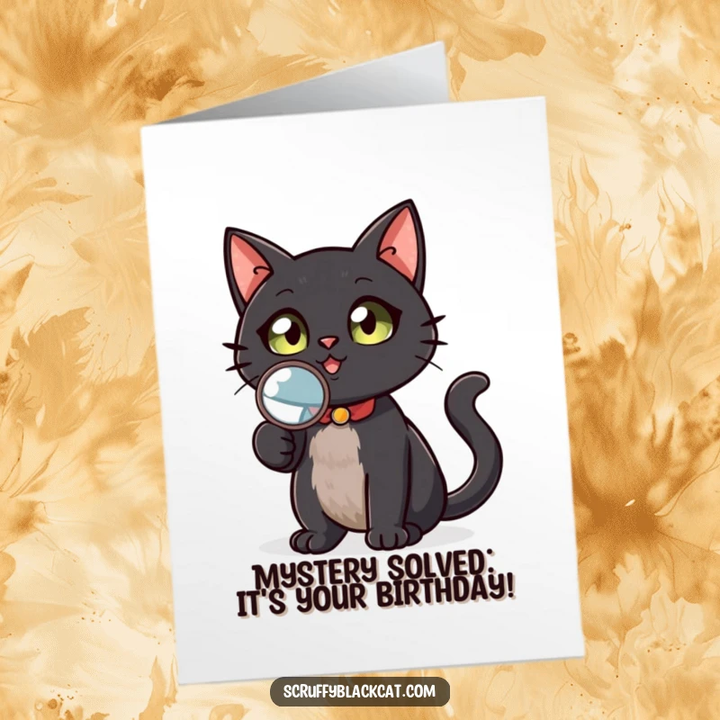 Funny Free Printable Birthday Card: Confident black cat detective, magnifying glass in paw, searching for birthday cake.