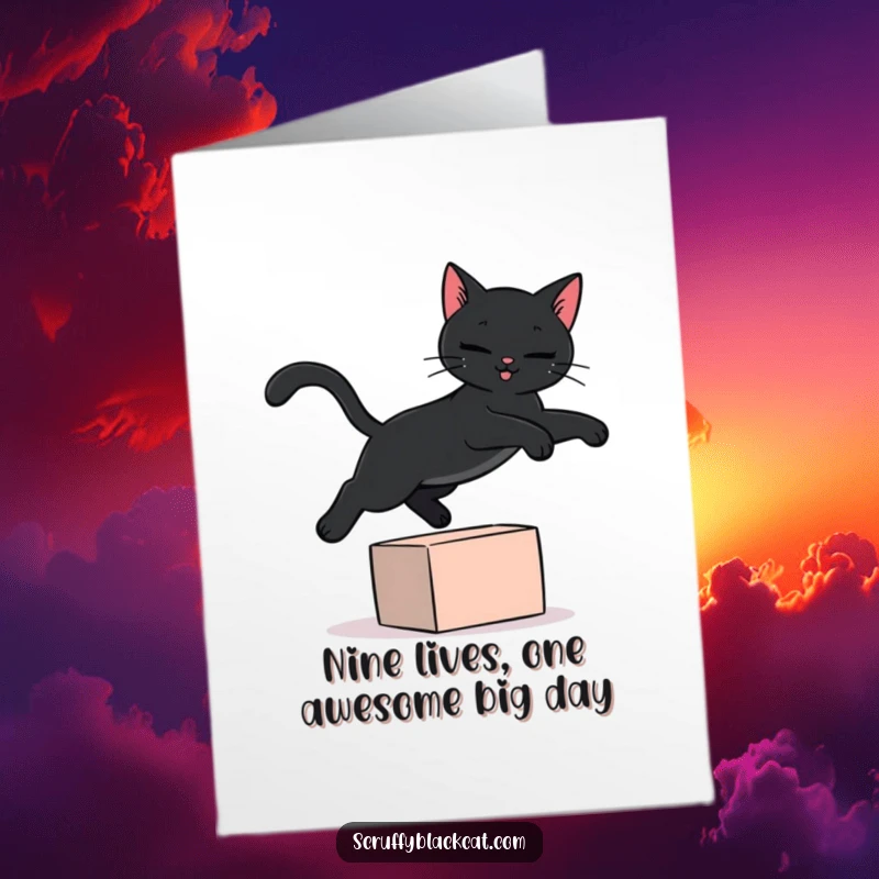 Funny Free Printable Birthday Card featuring a black cat mid-leap over a colorful block, celebrating with humor.