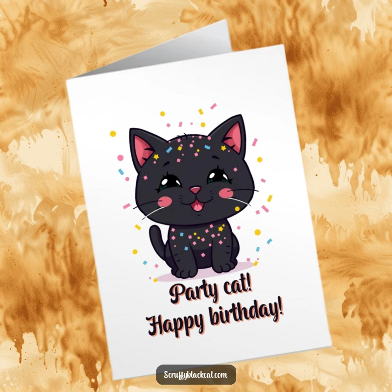 Funny Free Printable Birthday Card: Black cat with a huge silly grin, completely covered head to tail in colorful confetti.