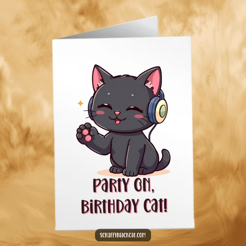 Funny Free Printable Birthday Card: A black cat wearing headphones grooves to music, tapping its paw with playful energy.