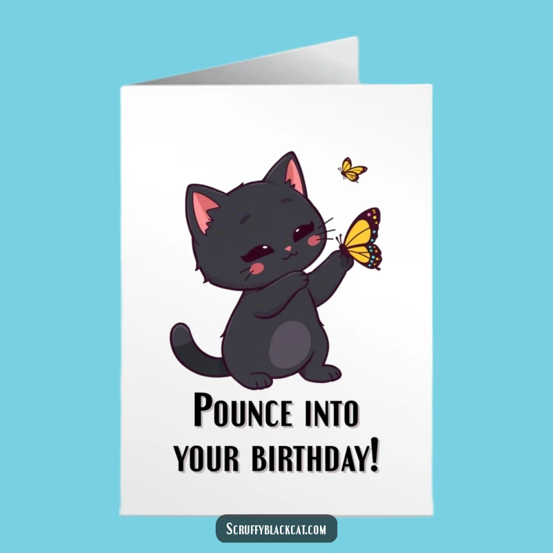 Free Printable Birthday Card: Playful Cat Butterfly Chase, Downloadable Funny Greeting