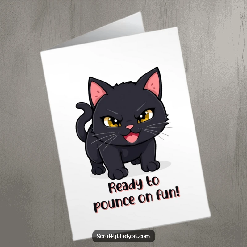 Funny Free Printable Happy Birthday Card: Black cat with a sly, mischievous grin, coiled and ready to pounce.