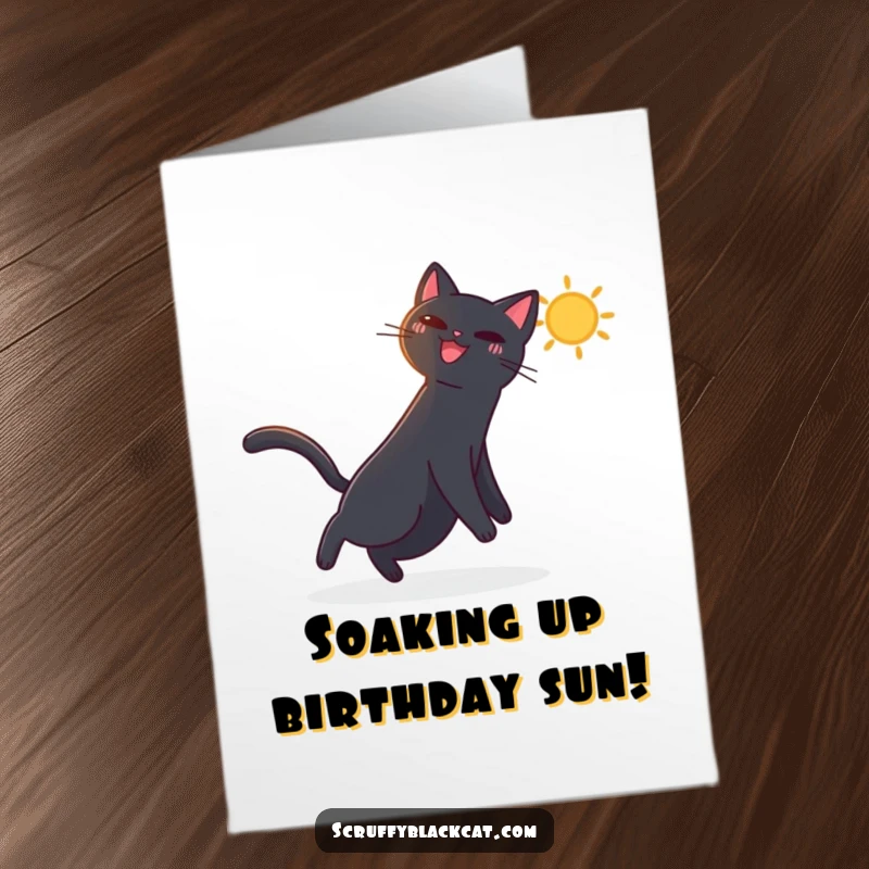 Funny Free Printable Birthday Card: Black cat gleefully leaping and chasing a bright dancing sunbeam across the floor.
