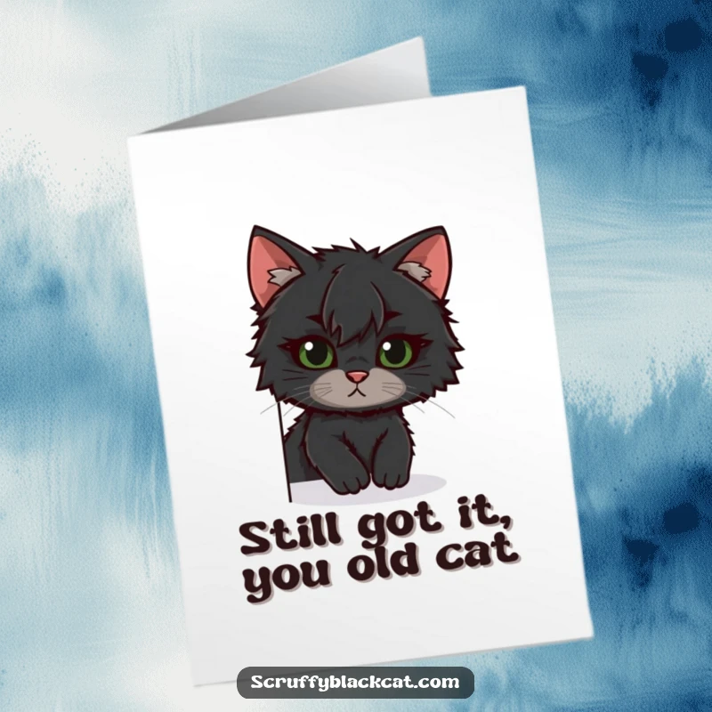 Funny Free Printable Birthday Card: Scruffy black cat with a crooked ear playfully peeking around a corner, spreading birthday cheer.