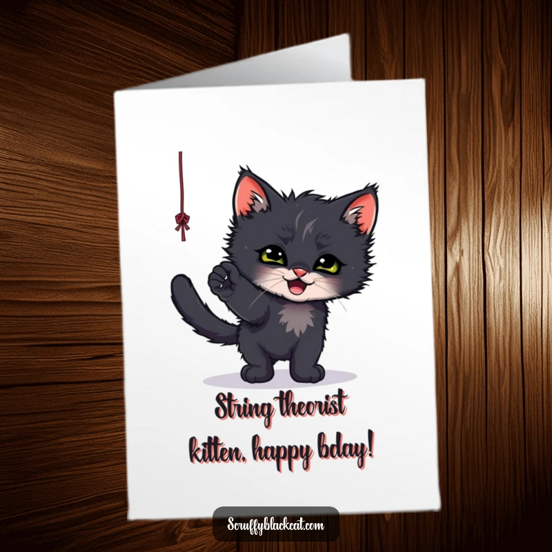 Free Printable Birthday Card: A scruffy black kitten playfully bats at a dangling string, a cute DIY gift.