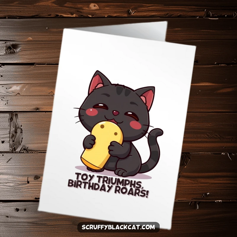 Funny Free Printable Birthday Card: Triumphantly happy black cat clutching a squeaky toy, ready to celebrate.