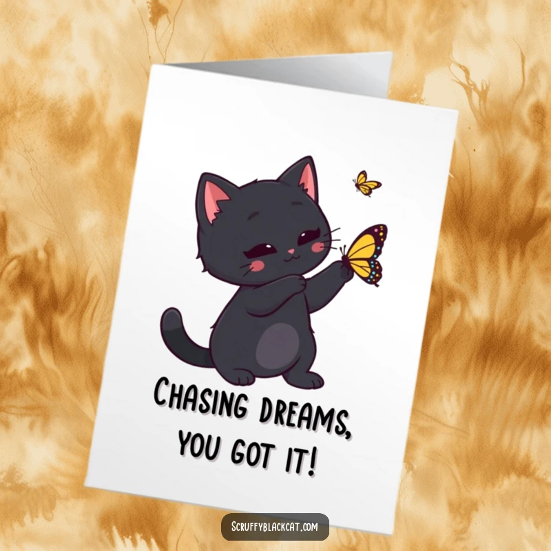 Funny Free Printable Congratulations Card: Black cat playfully swats at a butterfly, celebrating achievement.