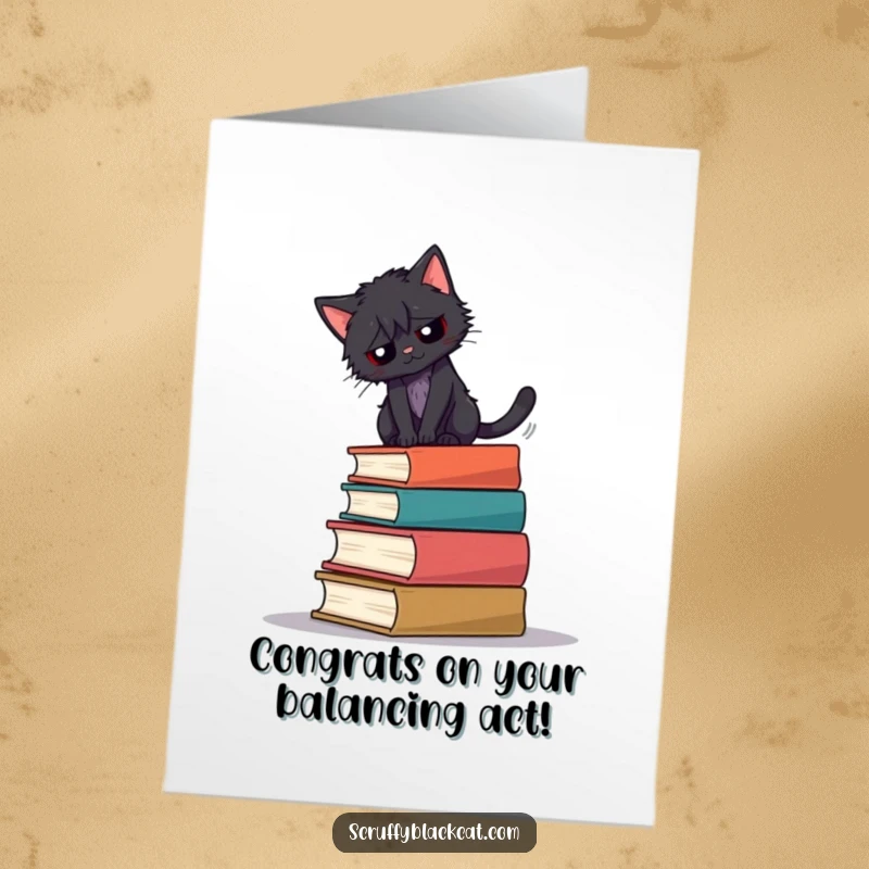 Funny Free Printable Congratulations Card: Scruffy black cat looking determined while balancing on a teetering stack of knowledge.