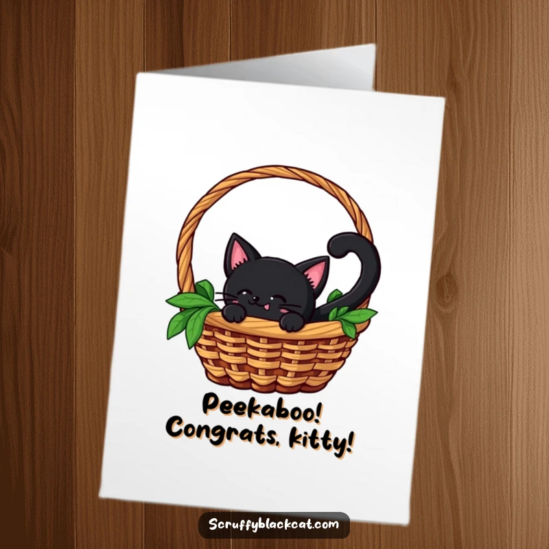 Funny Free Printable Congratulations Card: A black cat with a furiously wagging tail peeks from a basket, expressing excitement for good news.