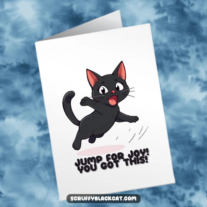 Funny Free Printable Congratulations Card showing a black cat comically leaping in surprise from a rustle.