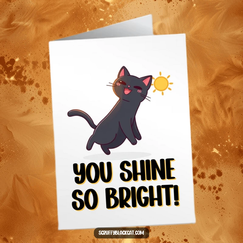 Funny Free Printable Congratulations Card: Black cat energetically chasing a whimsical dancing sunbeam, celebrating good times.