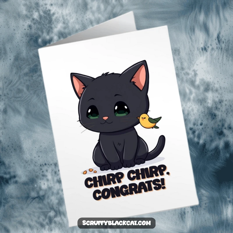 Funny Free Printable Congratulations Card: Black cat with perked ears, intently eyeing birdseed, symbolizing focus and anticipation.