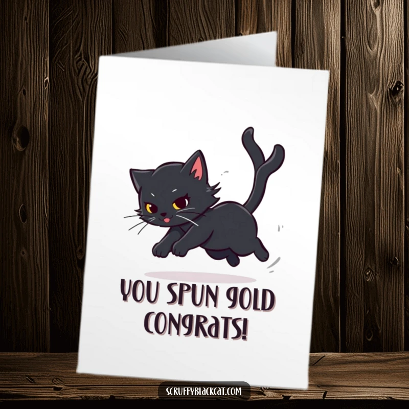Funny Free Printable Congratulations Card: Black cat in a dizzying chase after its tail, symbolizing a whirlwind of excitement.