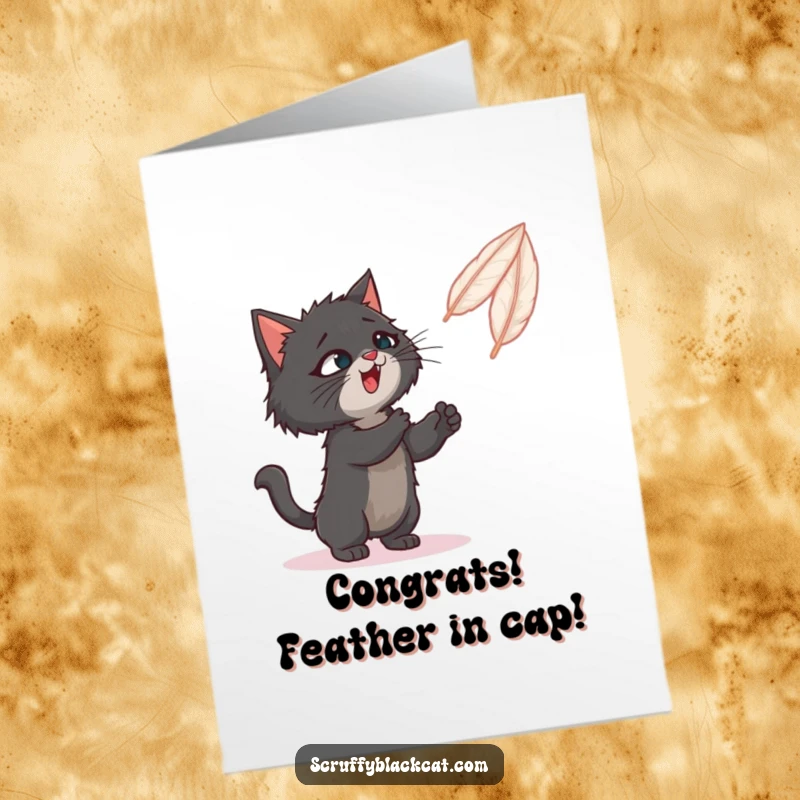 Funny Free Printable Congratulations Card: Scruffy black cat in mid-pounce, playfully batting at a lively bouncing feather.