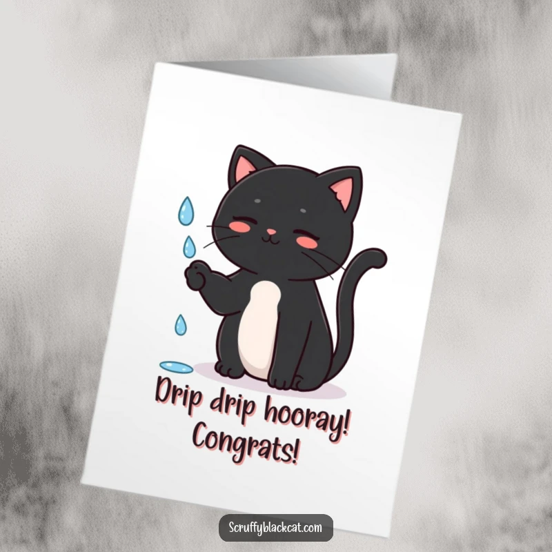 Funny Free Printable Congratulations Card: Black cat sitting up, playfully batting at a falling raindrop, enjoying a gentle moment.